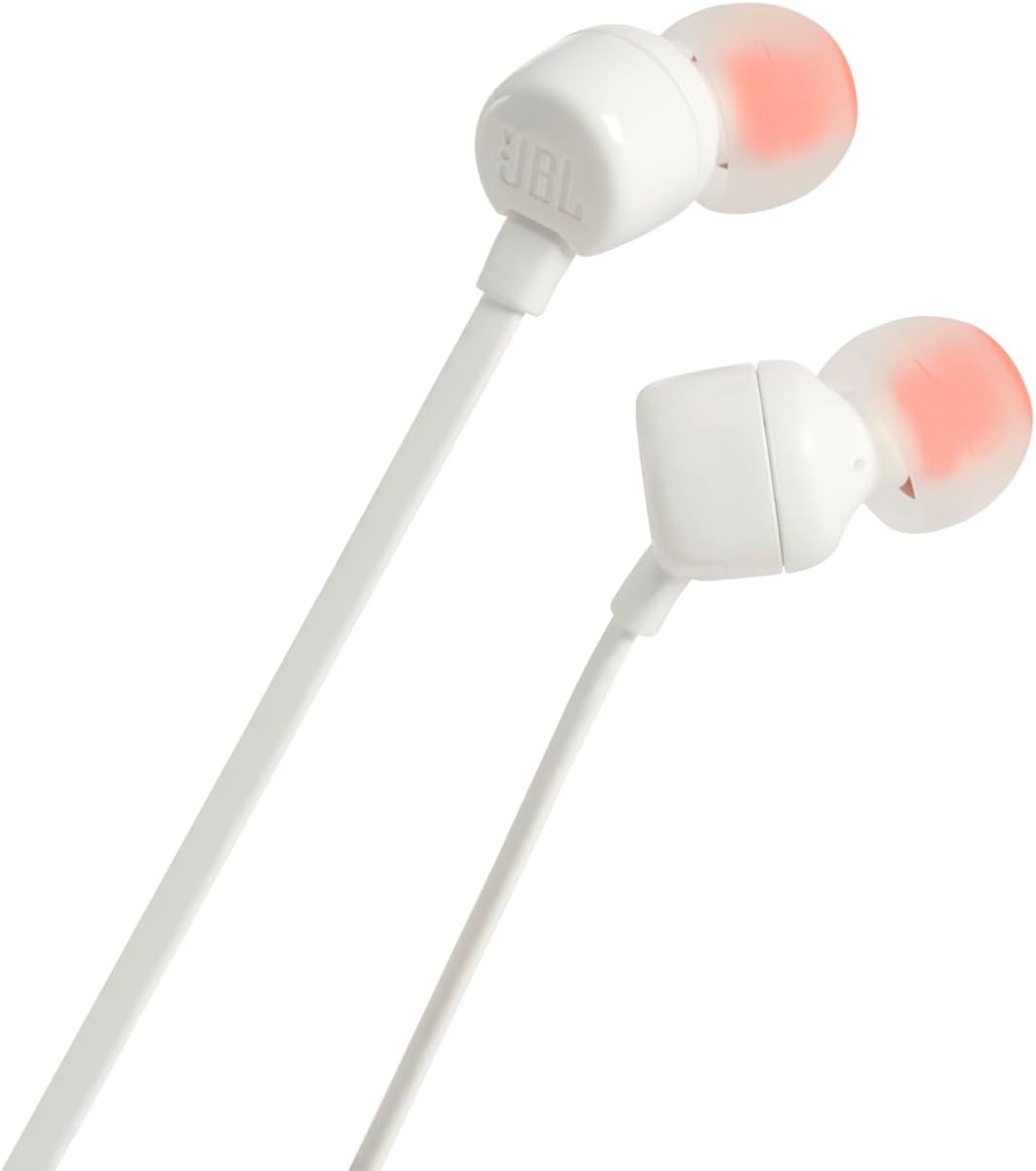 JBL Tune 110 Wired In-Ear Headphones, Deep and Powerful Pure Bass Sound, 1-Button Remote/Mic, Tangle-Free Flat Cable, Ultra Comfortable Fit - White, JBLT110WHT