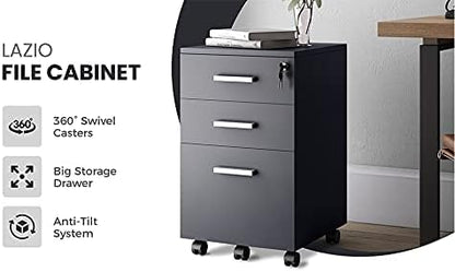 Lazio File Cabinet with Lock - Filing Cabinet for Home and Office - 3 Drawer File Cabinet with Wheels for A4 Sized Letters/Documents, Legal Sized Documents, Hanging File Folders (Cass Walnut/Black)