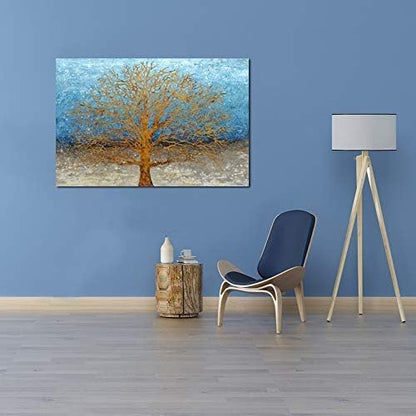 Yihui Arts Abstract Landscape Canvas Art Hand Painted 3D Tree Paintings with Gold Foil for Wall Decor Modern Artwork Pictures Living Room Bedroom Decoration