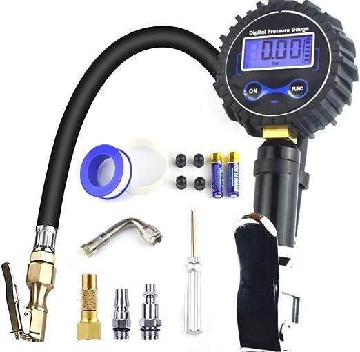 Digital Tire Inflator, 200 PSI Accurate Air Tire Pressure Gauge Air Compressor Kit 14” Rubber Air Hose Brass Lock-On Clip Air Chuck for most Car Truck Motorcycle Bike Black