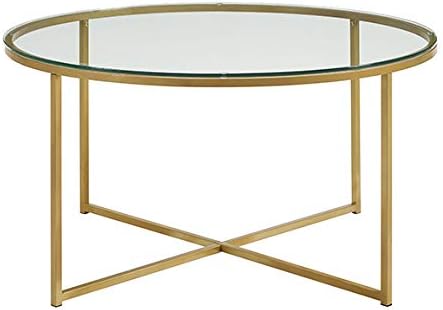 Eden Bridge Designs 91cm Round Mid Century Modern Coffee Table with X-Base for Living Room/Office decoration, Metal, Glass/Gold/Faux Marble