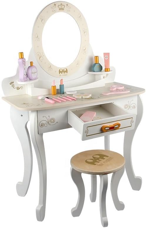 Wooden Dresser Table And Stools, Dressing Table, Role Play Toy, Makeup Toys,Kids Little Princess Rapunzel Wooden Vanity Set with Mirror and Chair (WHITE)