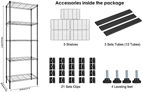 BEONE 5-Shelf Shelving Storage Units, BEONE Adjustable Duty Metal Shelf Wire Storage Rack for Home Office Garage Kitchen Bathroom Organization (Black)