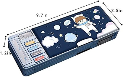 Multifunction Pencil Case, Pencil Box with 2 Compartments for Students - Cartoon Pattern Stationery Set with Pop Out Scissors and Pencil Sharpener