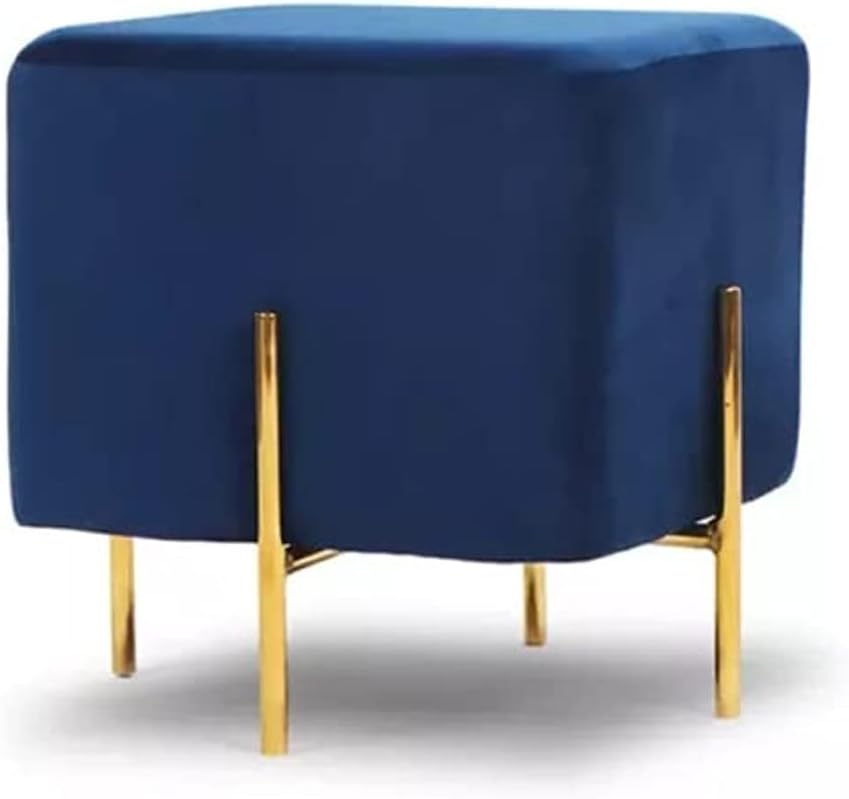 Angela Square Shape Ottoman Upholstered Velvet Fabric Footstool Comfortable Golden Metal Stool (Blue)