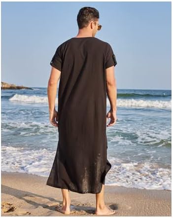 THE WHITE SHOP Men's V-Neck Linen Robe Short Sleeve Kaftan Thobe Long Gown Casual Shirt for Beach