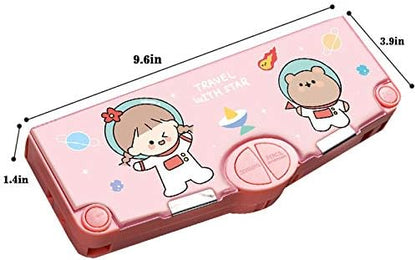 Multifunction Pencil Case, Pencil Box with 2 Compartments for Students - Cartoon Pattern Stationery Set with Pop Out Scissors and Pencil Sharpener