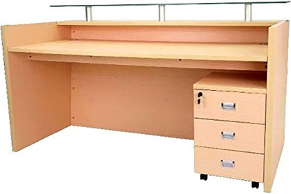 Mahmayi R06 Modern Reception Counter Desk with Floating Glass Top, Storage Feature Front Office Desk, Lockable 3 Storage Section, 140cm (Oak)