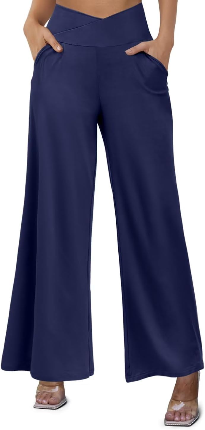 JZC Women's Wide Leg Casual Pants Cross Waist Palazzo Lounge Pajama Flowy Pants Yoga Sweatpants with Pockets