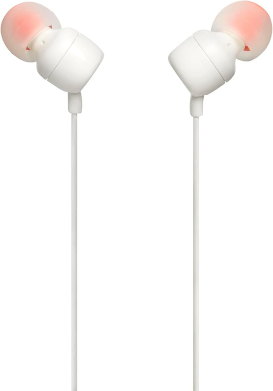 JBL Tune 110 Wired In-Ear Headphones, Deep and Powerful Pure Bass Sound, 1-Button Remote/Mic, Tangle-Free Flat Cable, Ultra Comfortable Fit - White, JBLT110WHT