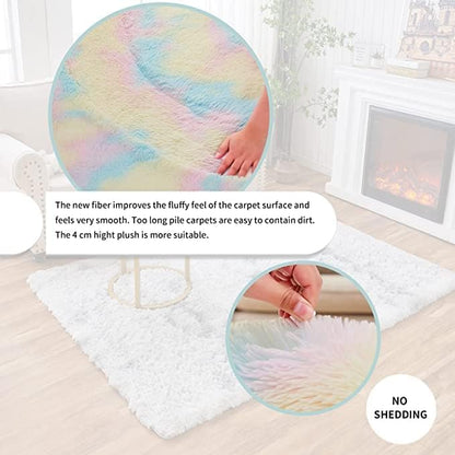 LIMOS Large Area Rugs，Super Soft Fluffy Shaggy Tie Dye Rug，Modern Indoor Shag Fuzzy Carpets for Girls Kids Nursery Room Home Decor (off-white, 140cm x 200cm)