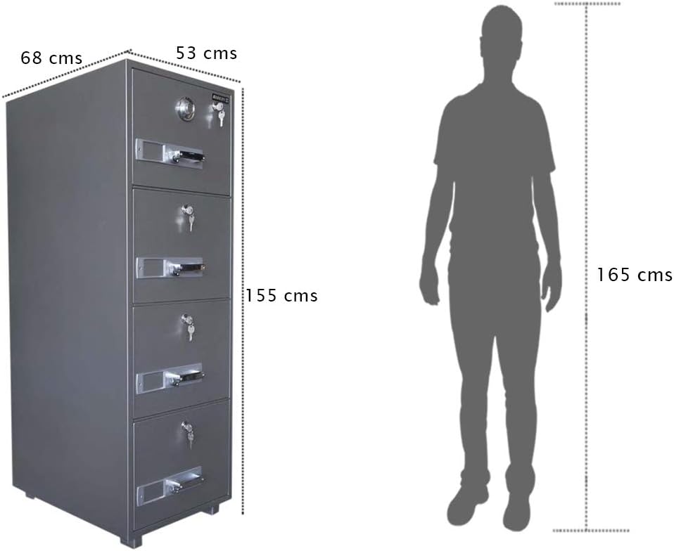 Mahmayi Secureplus 680-4Dk 4 Drawer Fire Filing Cabinet 222Kgs - Secure Steel Safe with Centralized Lock, Stylish Grey Finish for Office Use and Document Protection (4 Drawers, Key + Dial)