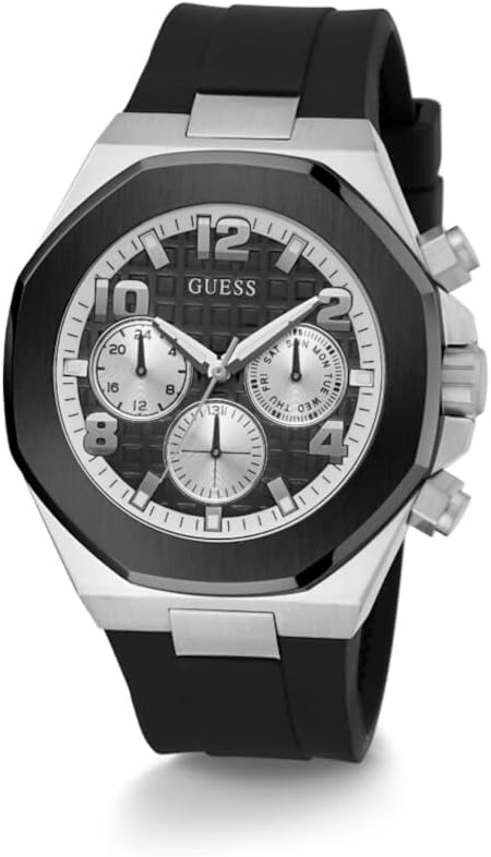 GUESS Men's 46mm Watch - Black Strap Black Dial Two-Tone Case, Black, one