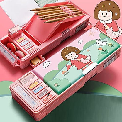 Multifunction Pencil Case, Pencil Box with 2 Compartments for Students - Cartoon Pattern Stationery Set with Pop Out Scissors and Pencil Sharpener