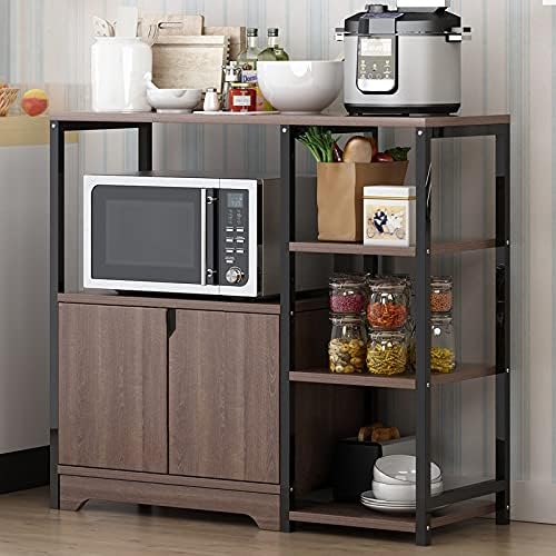 Kitchen Storage Cabinet with Door and Shelves, 4-Tier Microwave Oven Stand,Freestanding Storage Shelves for Kitchen, Bathroom, Home, Living Room,Beige