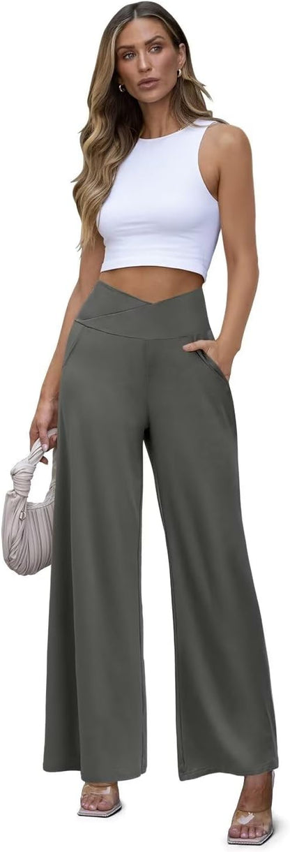 JZC Women's Wide Leg Casual Pants Cross Waist Palazzo Lounge Pajama Flowy Pants Yoga Sweatpants with Pockets