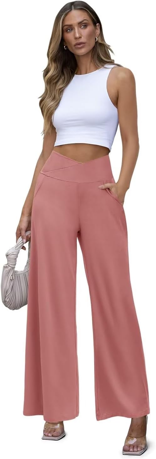 JZC Women's Wide Leg Casual Pants Cross Waist Palazzo Lounge Pajama Flowy Pants Yoga Sweatpants with Pockets