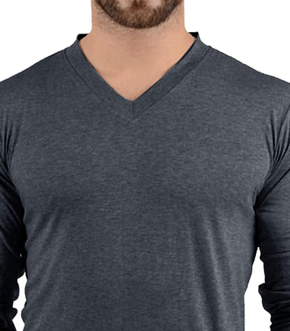 V Neck Long Sleeve Shirt Men - Grey & Black Soft Comfortable Full Sleeves Fashion Tees for Men