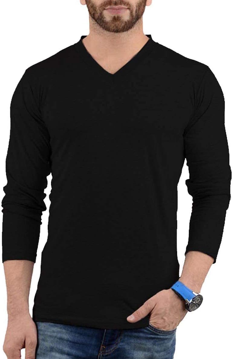 V Neck Long Sleeve Shirt Men - Grey & Black Soft Comfortable Full Sleeves Fashion Tees for Men