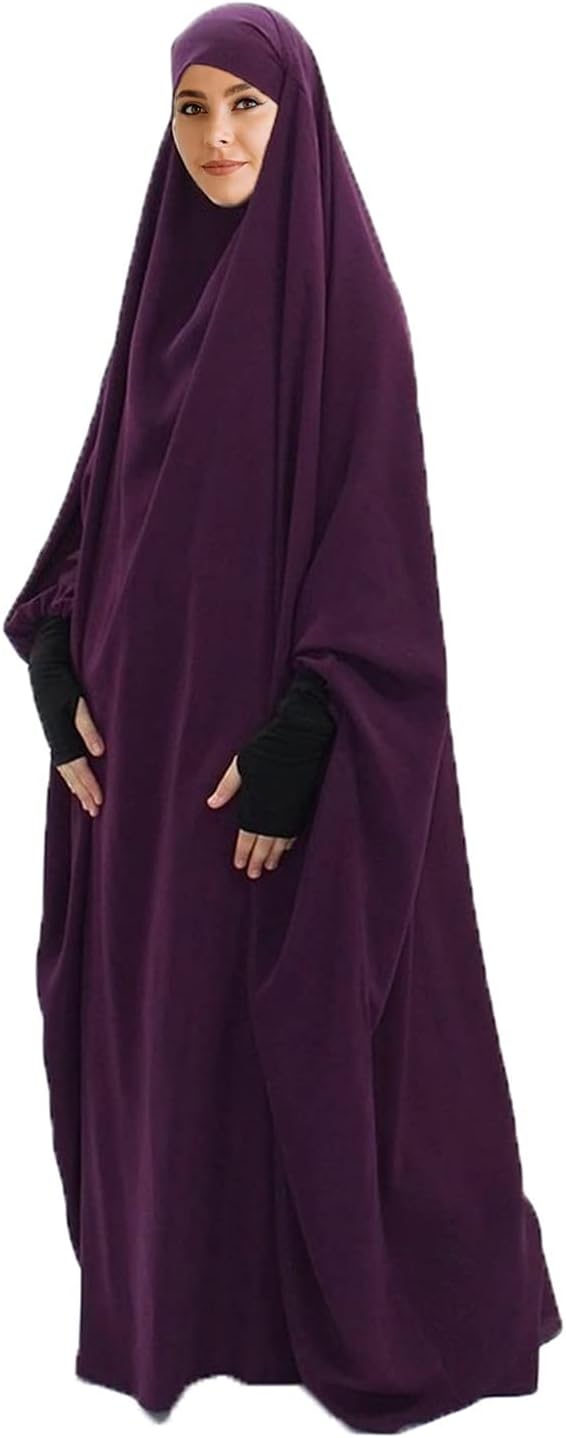 Women's Solid Abaya Muslim Plus Size One-Piece Prayer Dress Islamic Maxi Kaftan with Hijab Dubai Full Length Dress