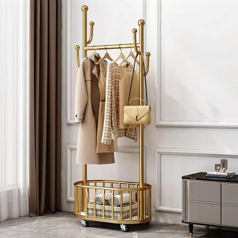 Paperbacks Coat Rack with Storage Basket, Freestanding Coat Hanger Stand Hall Tree with 4 Hooks, Moveable Coat Rack Stand Modern Garment Rack for Entryway, Hallway, Office, Bedroom (Golden)