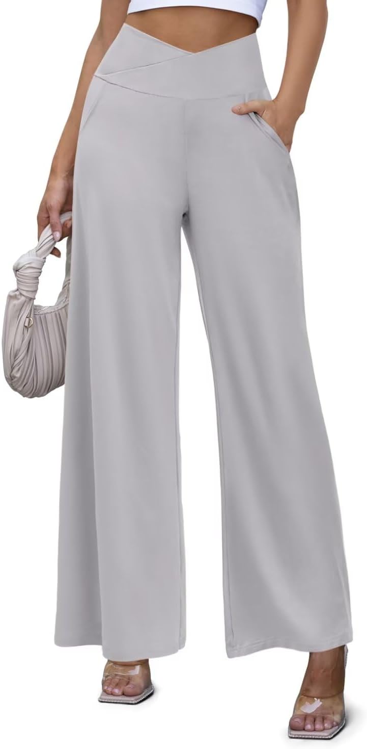 JZC Women's Wide Leg Casual Pants Cross Waist Palazzo Lounge Pajama Flowy Pants Yoga Sweatpants with Pockets