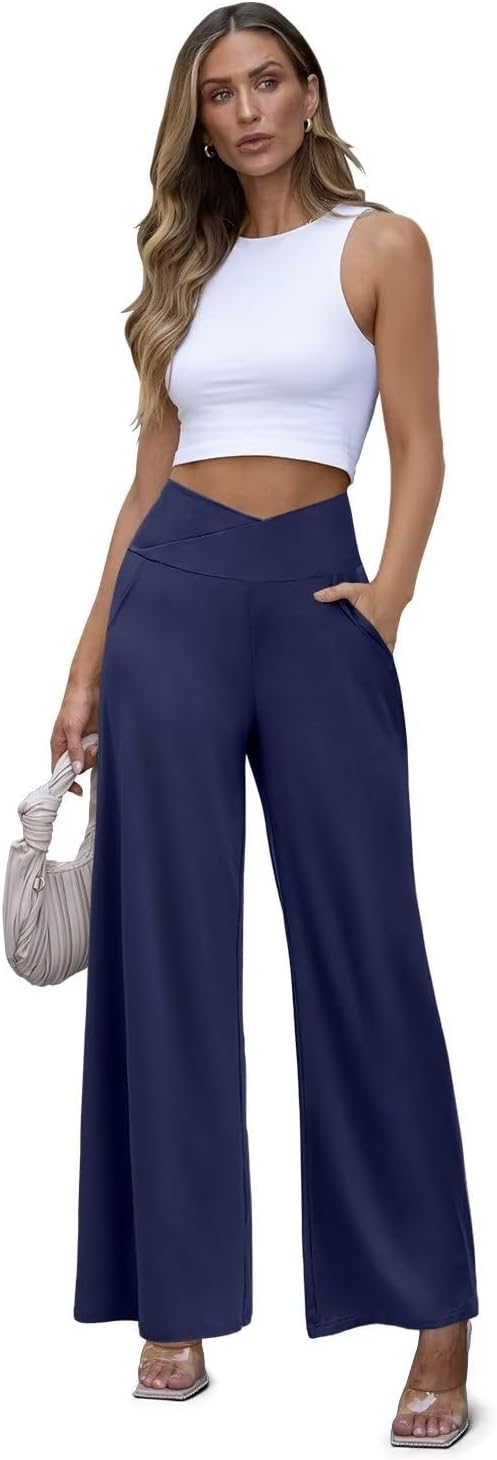 JZC Women's Wide Leg Casual Pants Cross Waist Palazzo Lounge Pajama Flowy Pants Yoga Sweatpants with Pockets