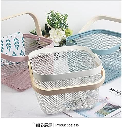 MILLTO Metal Mesh Steel Basket with Bamboo Handle, Garden Harvest Basket for Gathering Vegetables, Multi-Functional Hanging Kitchen Baskets Fruit Basket Bin Storage Organizer Basket (White)