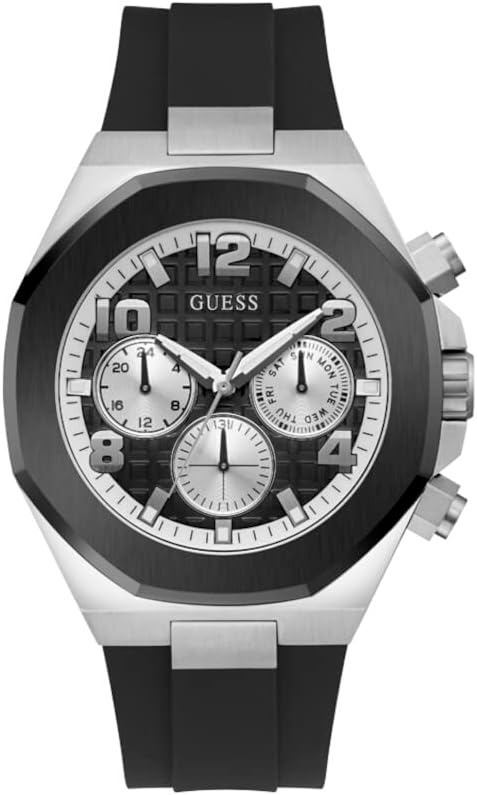 GUESS Men's 46mm Watch - Black Strap Black Dial Two-Tone Case, Black, one