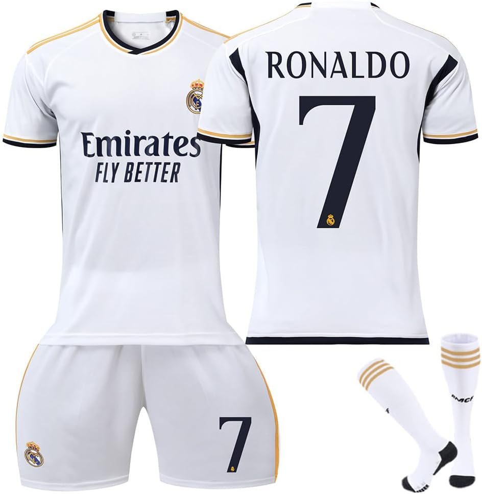 Gruattreay 23/24 New Season Real Madrid HOME Football Kits RONALDO #7 Fans Football Jersey/Shorts Socks Gift Set Youth Sizes and Adult Size