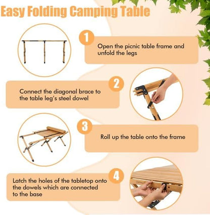 AUTOYSUR Folding Wooden Camping Table Portable Picnic Table w/Carry Bag Roll-up Bamboo Tabletop Outdoor Travel Camping Table (Coffee)