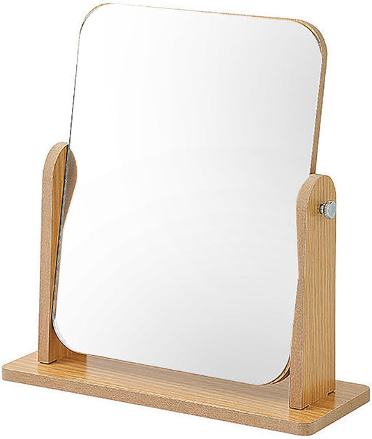 Vanity Mirror Wood Desk Mirror Makeup Mirror Dressing Table Mirror 360° Swivel Desktop Mirror 22 x 23.5CM Square Mirror for Dressing Table Desk, Bathroom, Bedroom