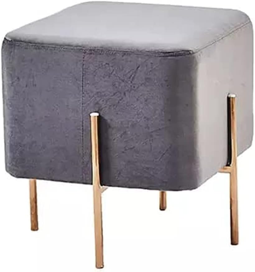 Angela Square Shape Ottoman Upholstered Velvet Fabric Footstool Comfortable Golden Metal Stool (Blue)