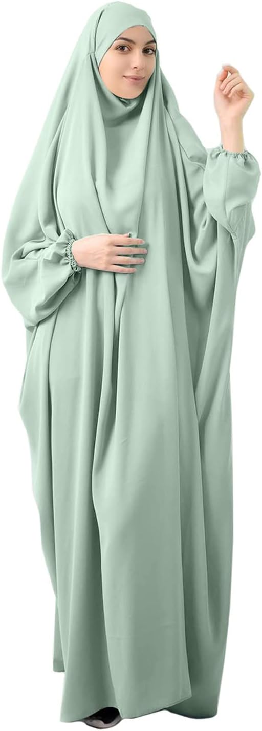 Women's Solid Abaya Muslim Plus Size One-Piece Prayer Dress Islamic Maxi Kaftan with Hijab Dubai Full Length Dress