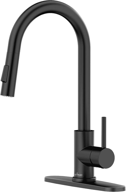 APPASO Kitchen Faucet with Pull Down Sprayer - Single Handle One Hole High Arc Pull Out Kitchen Sink Faucets with Deck Plate, Brushed Nickel, APS220BN