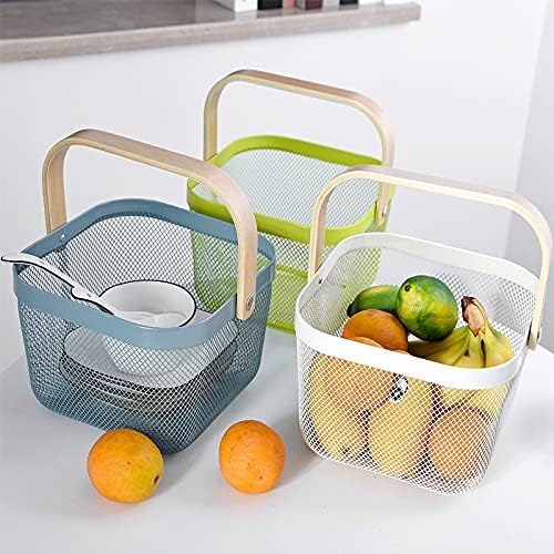 MILLTO Metal Mesh Steel Basket with Bamboo Handle, Garden Harvest Basket for Gathering Vegetables, Multi-Functional Hanging Kitchen Baskets Fruit Basket Bin Storage Organizer Basket (White)