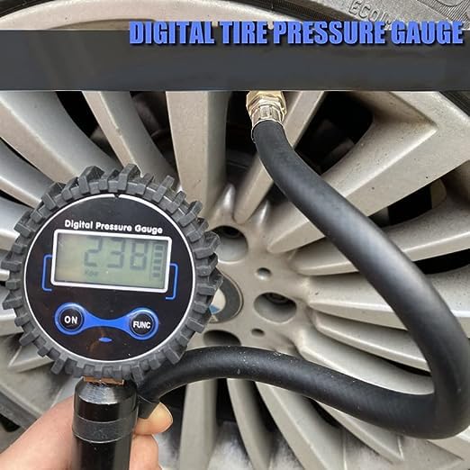 Digital Tire Inflator, 200 PSI Accurate Air Tire Pressure Gauge Air Compressor Kit 14” Rubber Air Hose Brass Lock-On Clip Air Chuck for most Car Truck Motorcycle Bike Black