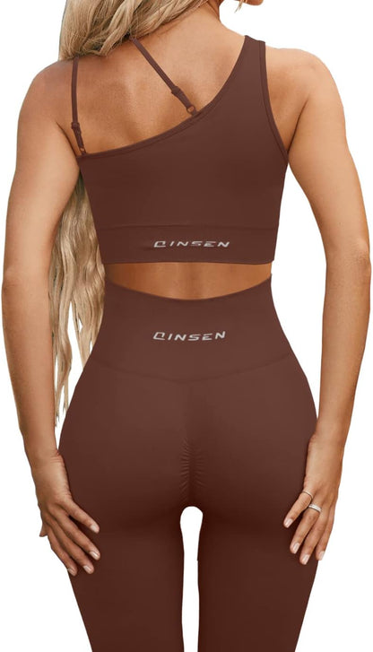 QINSEN Workout Sets for Women Seamless Sports Crop Tops High Waisted Leggings Two Piece Outfits