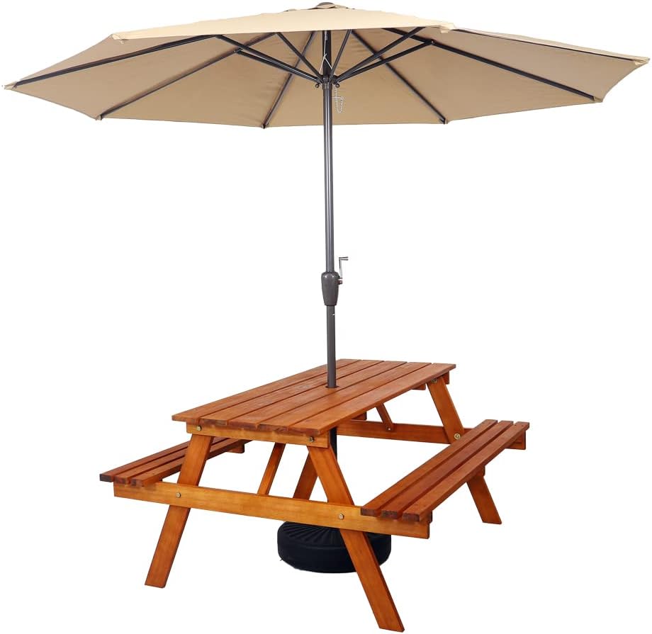 Yatai Outdoor Acacia Wood Table & Bench Set With Umbrella Hole, Kids Backyard Furniture A-shape frame Bench Outdoor Backyard Garden Furniture Picnic table