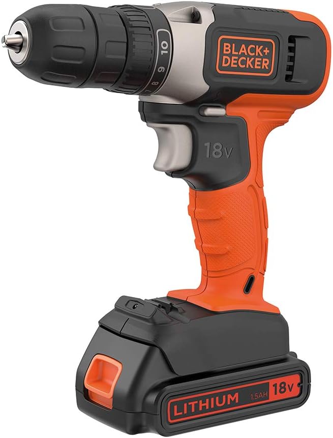 BLACK+DECKER cordless drill driver with battery & kitbox, 18v, 1.5ah li-ion + 108 pieces hand tools kit - bcd001c1mea2-gb