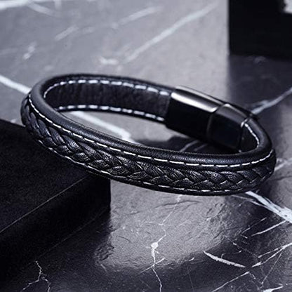 Tomovely 4Pcs Mens Leather Bracelets Black Bracelet Leather for Men Women Steel Magnetic Clasp Braided Cuff Bracelets