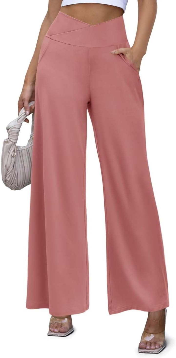 JZC Women's Wide Leg Casual Pants Cross Waist Palazzo Lounge Pajama Flowy Pants Yoga Sweatpants with Pockets