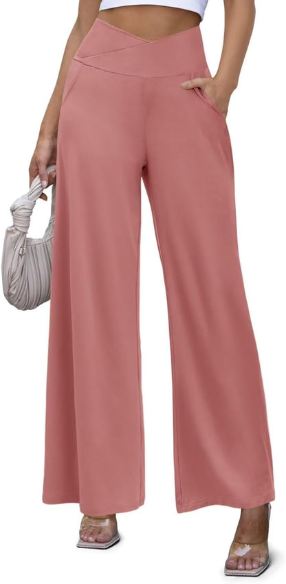 JZC Women's Wide Leg Casual Pants Cross Waist Palazzo Lounge Pajama Flowy Pants Yoga Sweatpants with Pockets