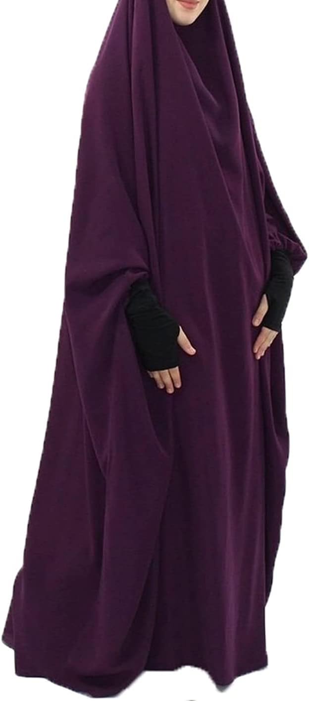 Women's Solid Abaya Muslim Plus Size One-Piece Prayer Dress Islamic Maxi Kaftan with Hijab Dubai Full Length Dress