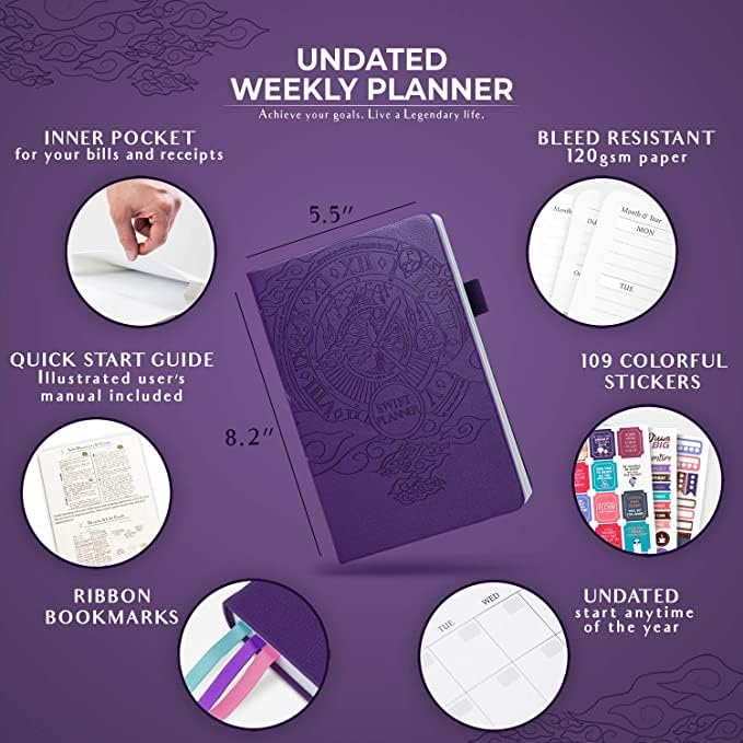 Swift Planner - Deluxe Weekly & Monthly Life Planner to Hit Your Goals & Live Happier. Organizer Notebook & Productivity Journal. A5 Hardcover, Undated - Start Any Time - (Purple)