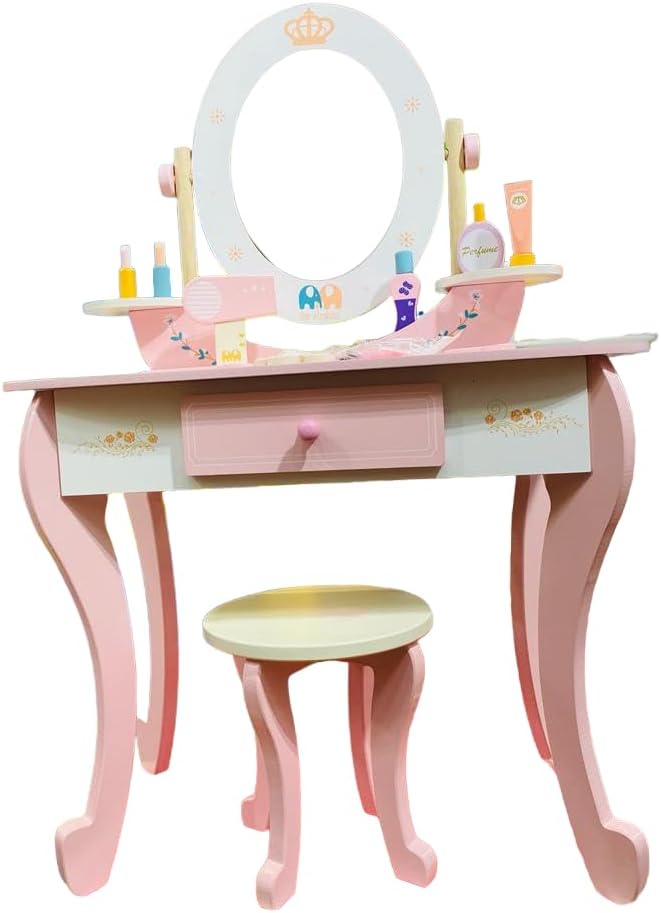 Wooden Dresser Table And Stools, Dressing Table, Role Play Toy, Makeup Toys,Kids Little Princess Rapunzel Wooden Vanity Set with Mirror and Chair (WHITE)