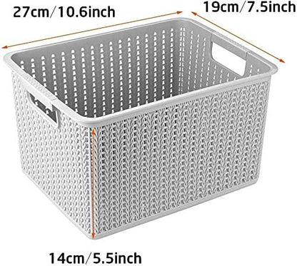 SENENQU 5PCS Plastic Storage Baskets, Small Woven Organizer Bin with Handles for Bathroom, Cosmetics, Health, Hair Supplies, Beauty Products and Kitchen (Grey, 10.6"x7.5"x5.5")