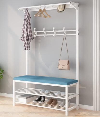 Coat Rack Shoe Bench，4 in 1 Multifunctional Coat Tree，Entryway Bench with Storage，Metal Clothes Rack with 10 Hooks，Top Shelf, for Entryway Living Room Bedroom (X-036-White+Blue)