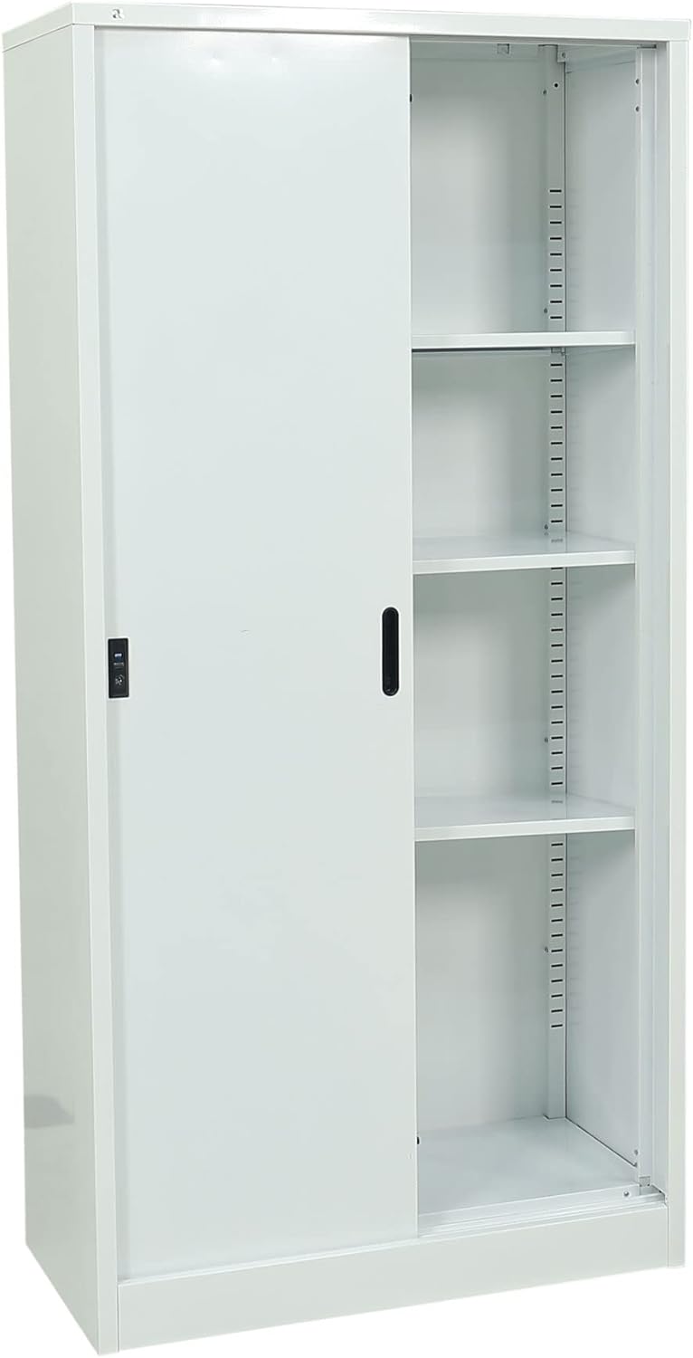 RIGID Steel Cupboard Sliding Door, Steel Filing Cupboard, Cabinet with Shelves Storage (White)