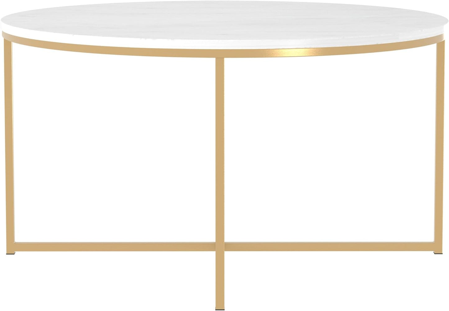 Eden Bridge Designs 91cm Round Mid Century Modern Coffee Table with X-Base for Living Room/Office decoration, Metal, Glass/Gold/Faux Marble